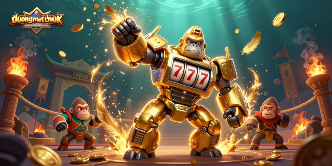 Engage with duongmatchuoc's gaming excitement in a vivid 3D scene featuring a golden gorilla mech.