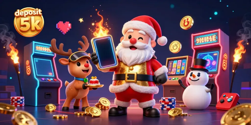 Experience thrilling action with deposit 5k in a vibrant casino scene featuring Santa and friends.