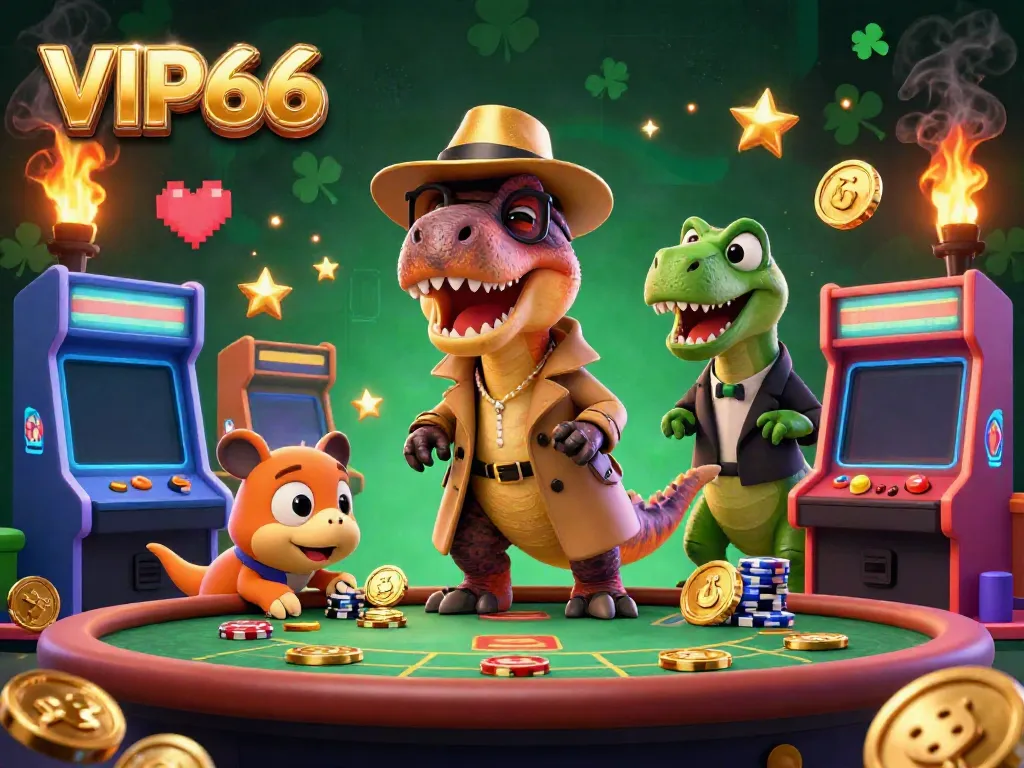 Play at VIP66 with a velociraptor card counter, suspicious pit boss, and a sneaky pickpocket in a vibrant casino scene.