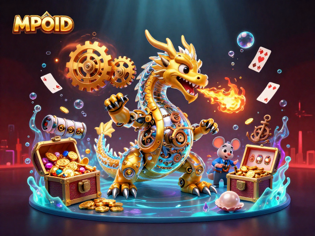 MPOID enhances gameplay with a golden dragon, showcasing slot reels and treasures in a vibrant casino scene.