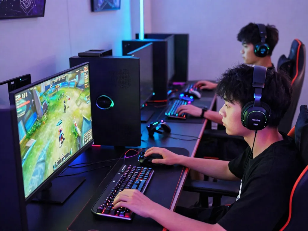 Engaged players immersed in an online gaming tournament at luxury111, showcasing high-tech gaming setups with cosmic themes.