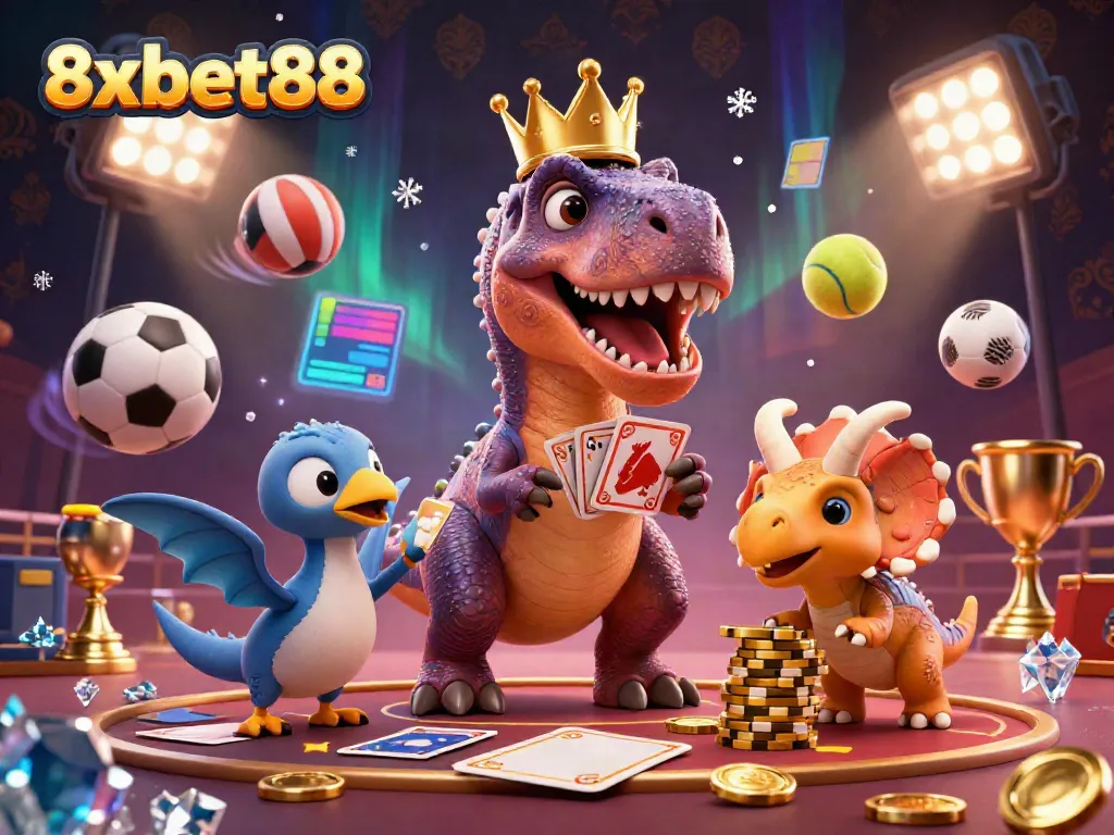 Experience the vibrant world of sports betting with 8xbet88 featuring a friendly T-Rex shuffling cards.