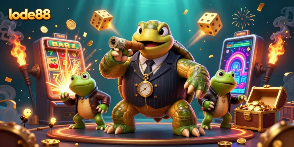 Experience big wins with lode88 as a cartoon turtle and bullfrogs celebrate a jackpot.