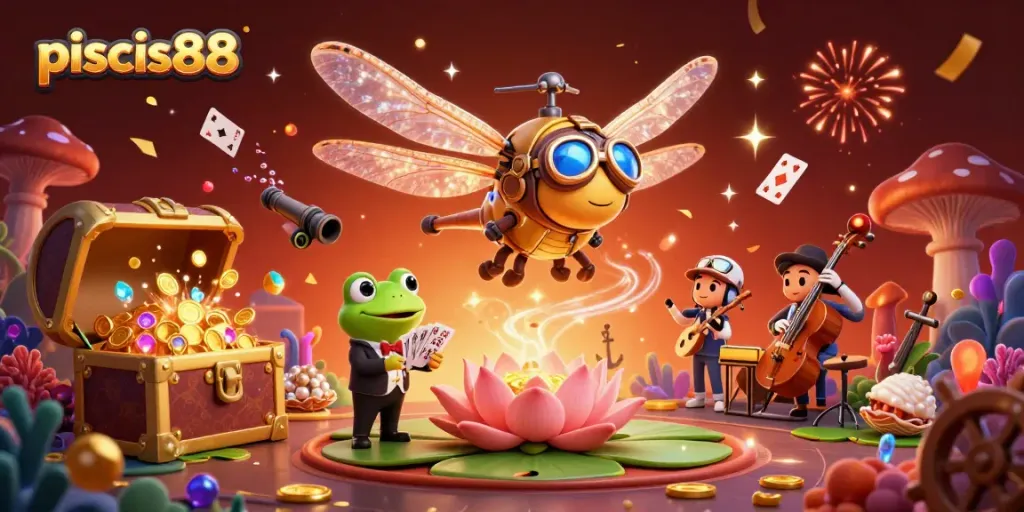 Experience pisces88 excitement with a dragonfly pilot and frog croupier in a vibrant casino scene.