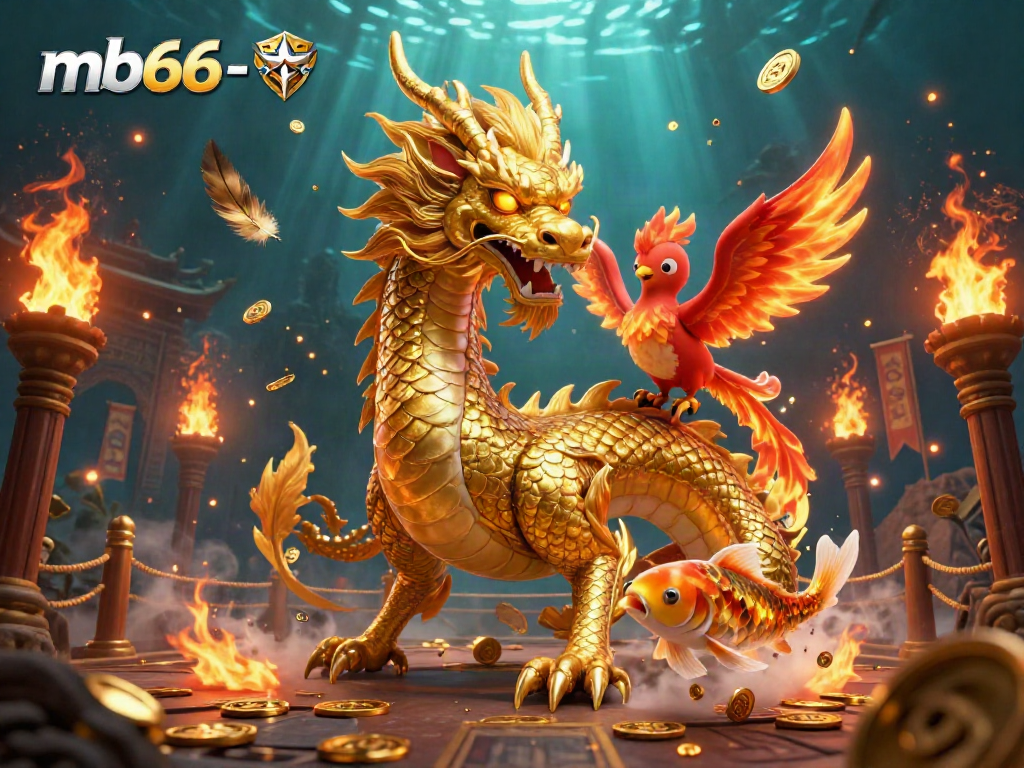 Engage with the thrilling mb66-t casino environment featuring a powerful golden dragon and playful phoenix.