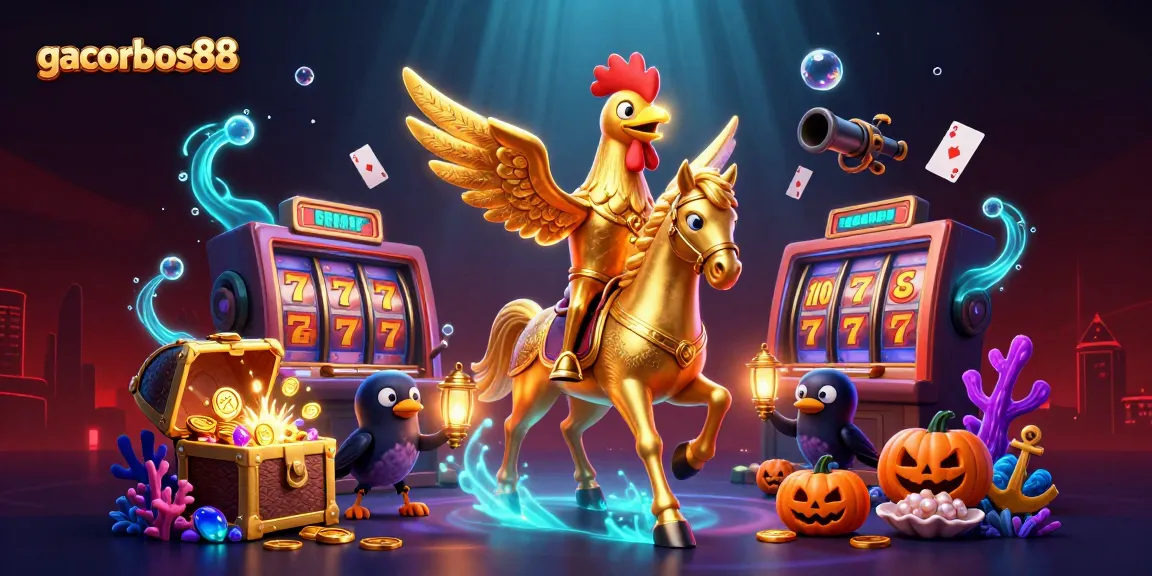 Engage in thrilling games at gacorbos88, featuring a golden rooster amidst vibrant casino elements.