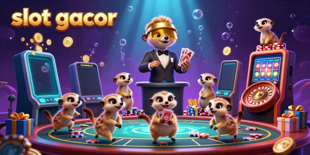 Experience slot gacor excitement with playful meerkats running a dynamic casino setup filled with gaming elements.