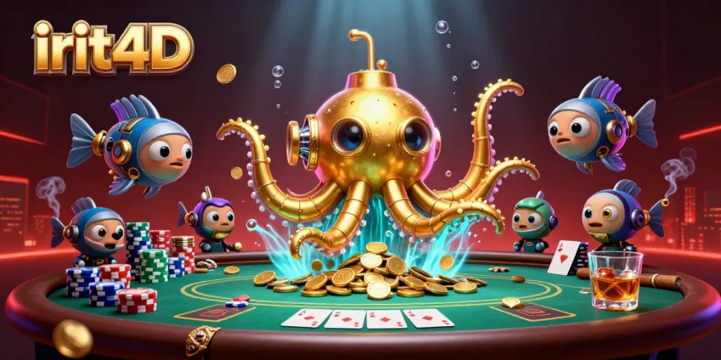 Experience exciting gameplay with the irit4D kraken submarine amidst golden coins and casino elements.