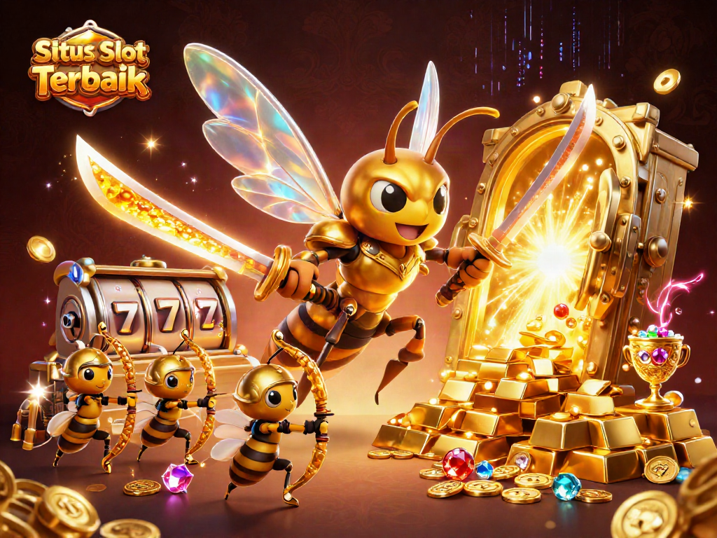 Situs Slot Terbaik showcases an epic 3D cartoon scene with an armored hornet and treasure.