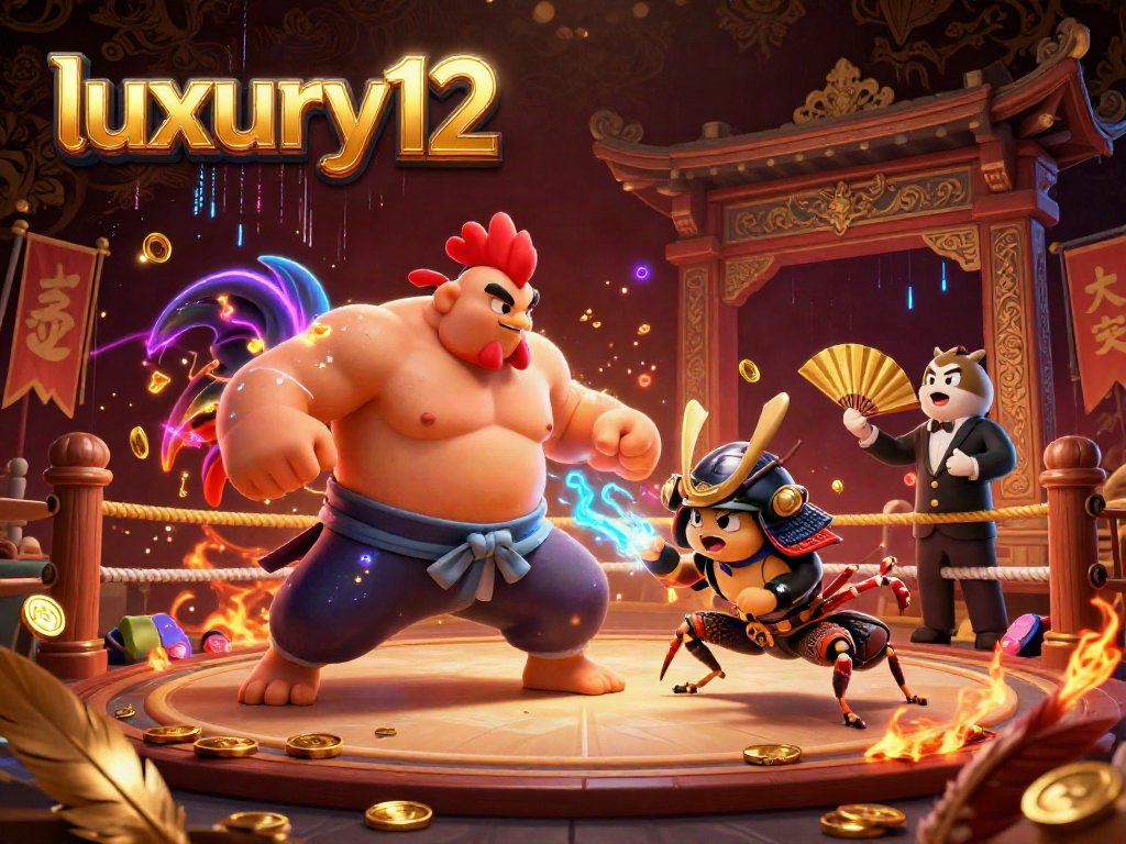 Engage with luxury12 at a vibrant casino arena featuring an epic sumo wrestler rooster and samurai cricket.