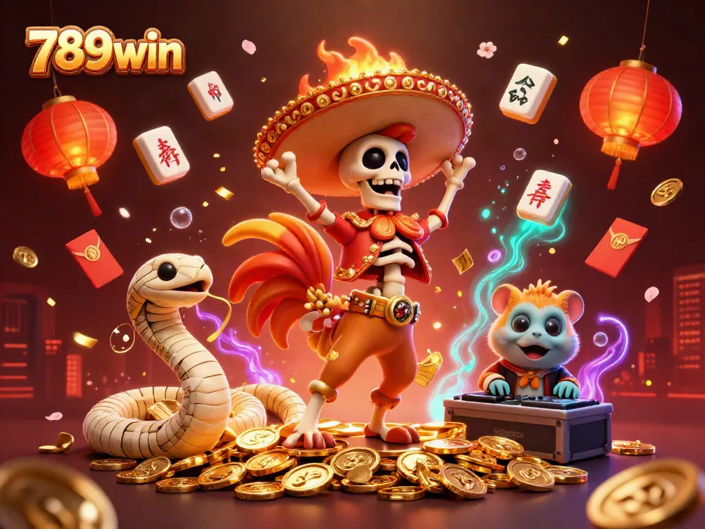 Experience exciting wins at 789win with a lively 3D casino scene surrounded by vibrant symbols.